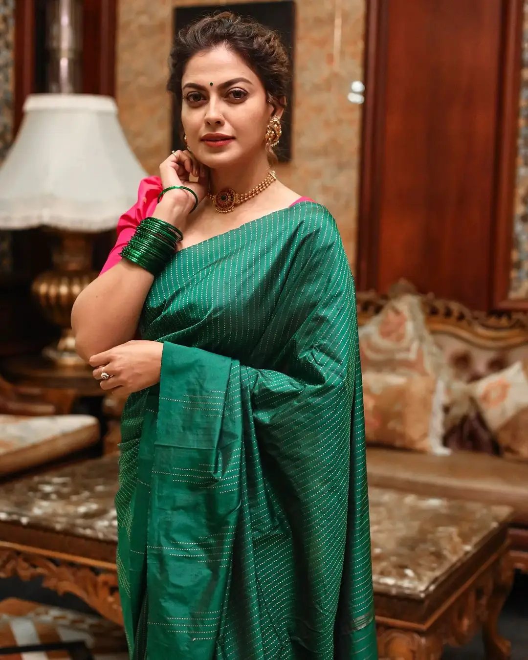 Indian Actress Anusree Nair in Green Color Saree Red Blouse